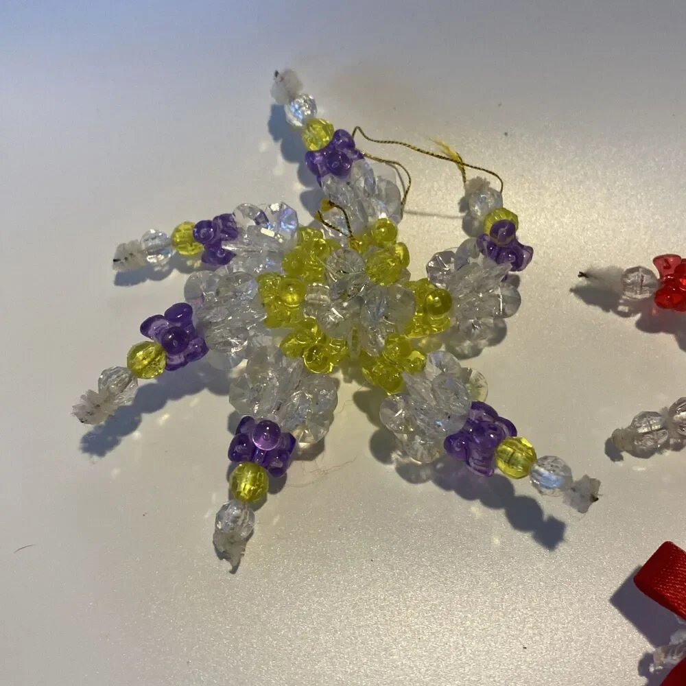 10 Vintage Handmade Plastic Beaded Wire Christmas Ornament Lot Angel Snowflake
